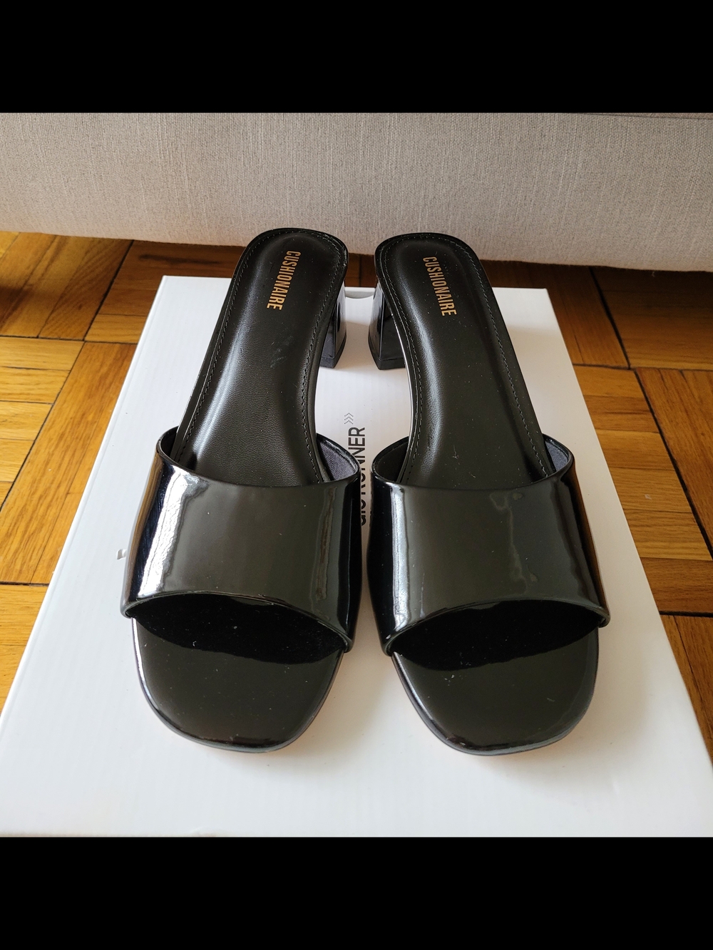 CUSHIONAIRE Black Patent Leather Low Block Heel Mules Size 8